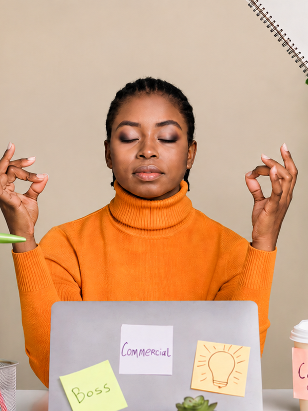 Focused individual in a calm, mindful workspace